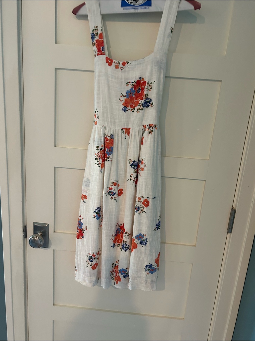 Anthropologie Cream Floral Cotton Sundress with Red & Blue Blooms